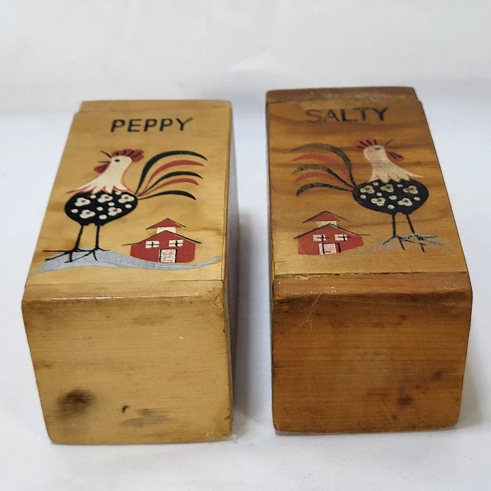 Vintage Japan Salty Peppy Wood Rooster Salt Pepper Shakers MCM Kitsch 5.5in